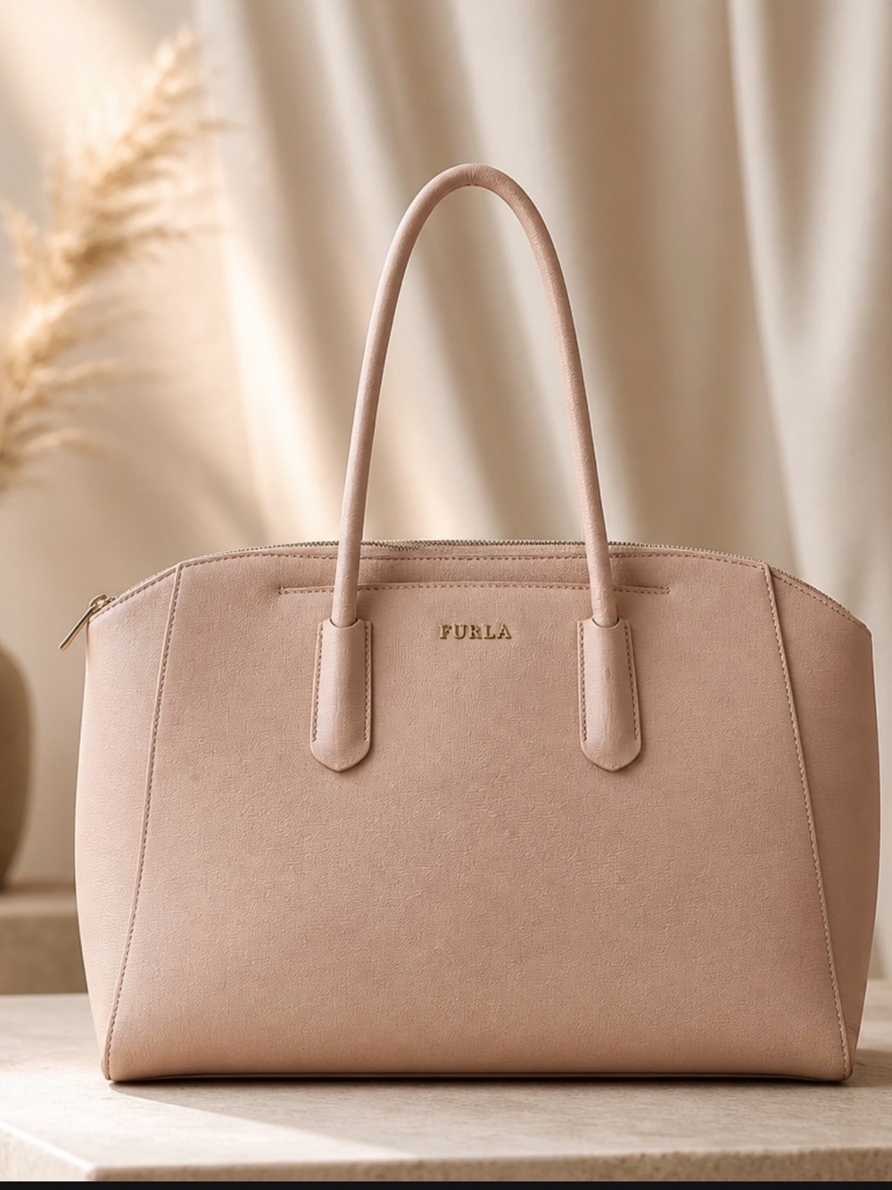 Furla Blush Beige Saffiano Satchel with Gold Logo